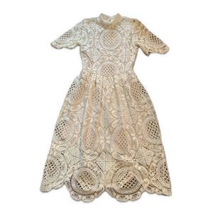 Mia Joy White Beige Lace Mock Neck Short Sleeve MIDI Dress Xs
